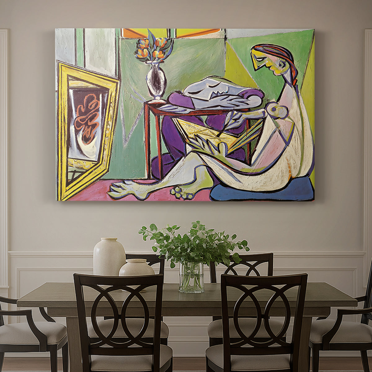 Canvas art print featuring an abstract female figure composed of geometric shapes, showcased as a statement wall artwork