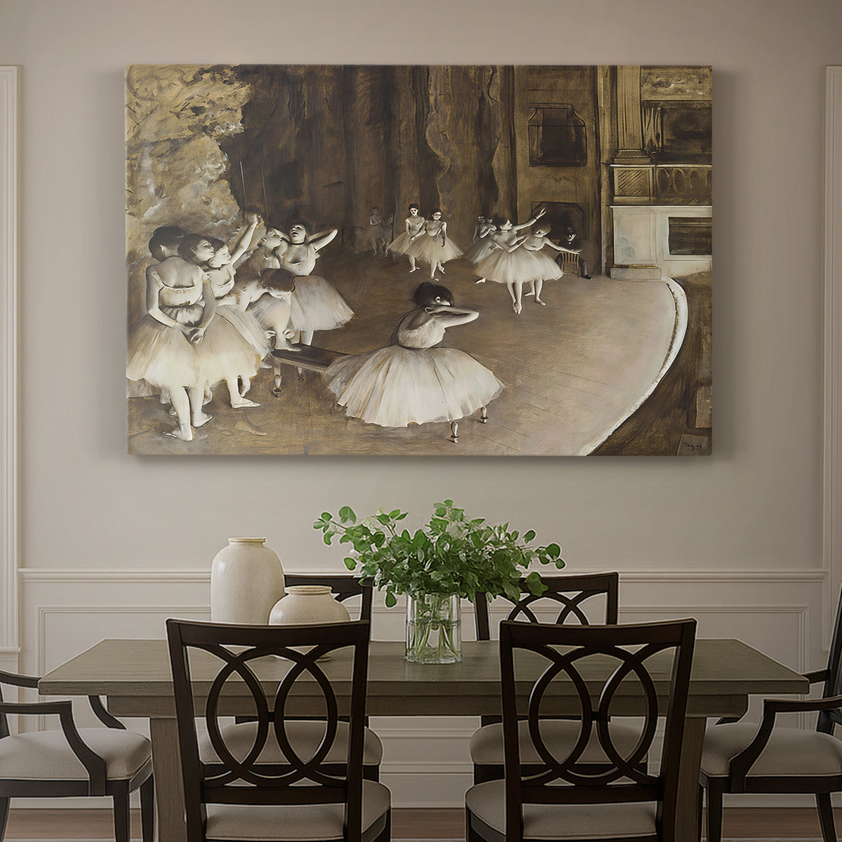 Canvas art print featuring ballerinas rehearsing on stage with set backdrop and lighting, showcased as a statement wall artwork