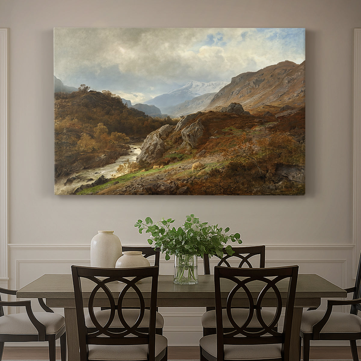 Canvas art print featuring a rugged mountain terrain with valley and distant peaks under open sky, showcased as a statement wall artwork