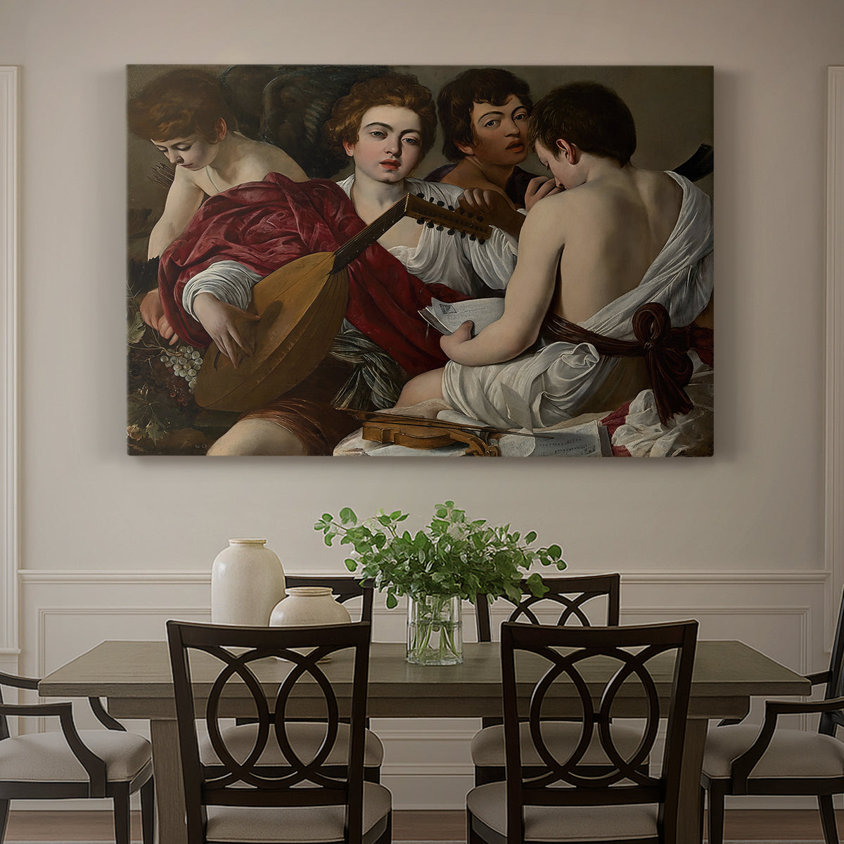 Canvas art print featuring a group of young men gathered together playing music with instruments, showcased as a statement wall artwork