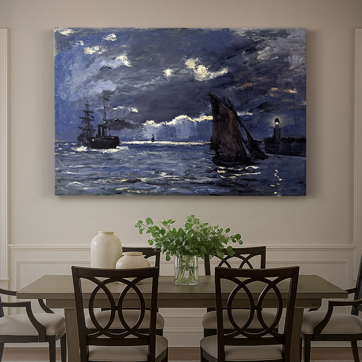 Canvas art print featuring ships on dark sea illuminated by moonlight under night sky, showcased as a statement wall artwork