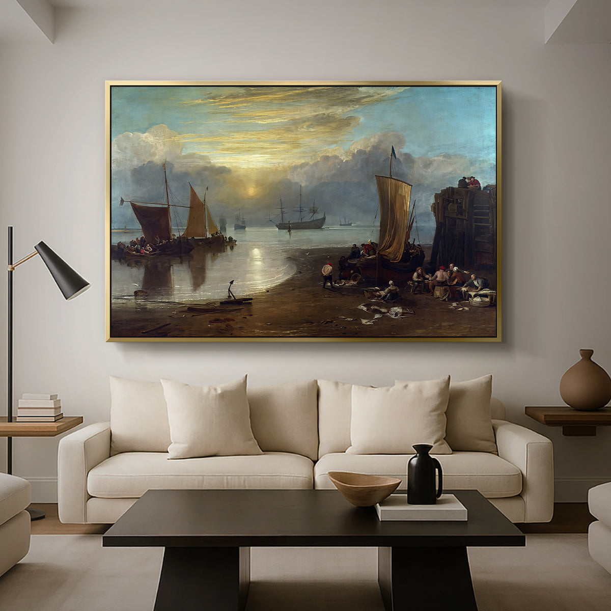 Sun Rising through Vapour: Fishermen Cleaning and Selling Fish, c. 1807 - Floater Framed Canvas Print