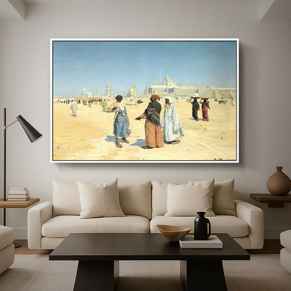 View from the Desert of Cairo with Citadel and Mamluk Tombs in the Background, c. 1889-1890 - Floater Framed Canvas Print