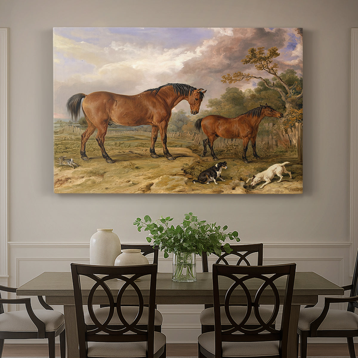 Canvas art print featuring a group of horses gathered together in landscape setting, showcased as a statement wall artwork