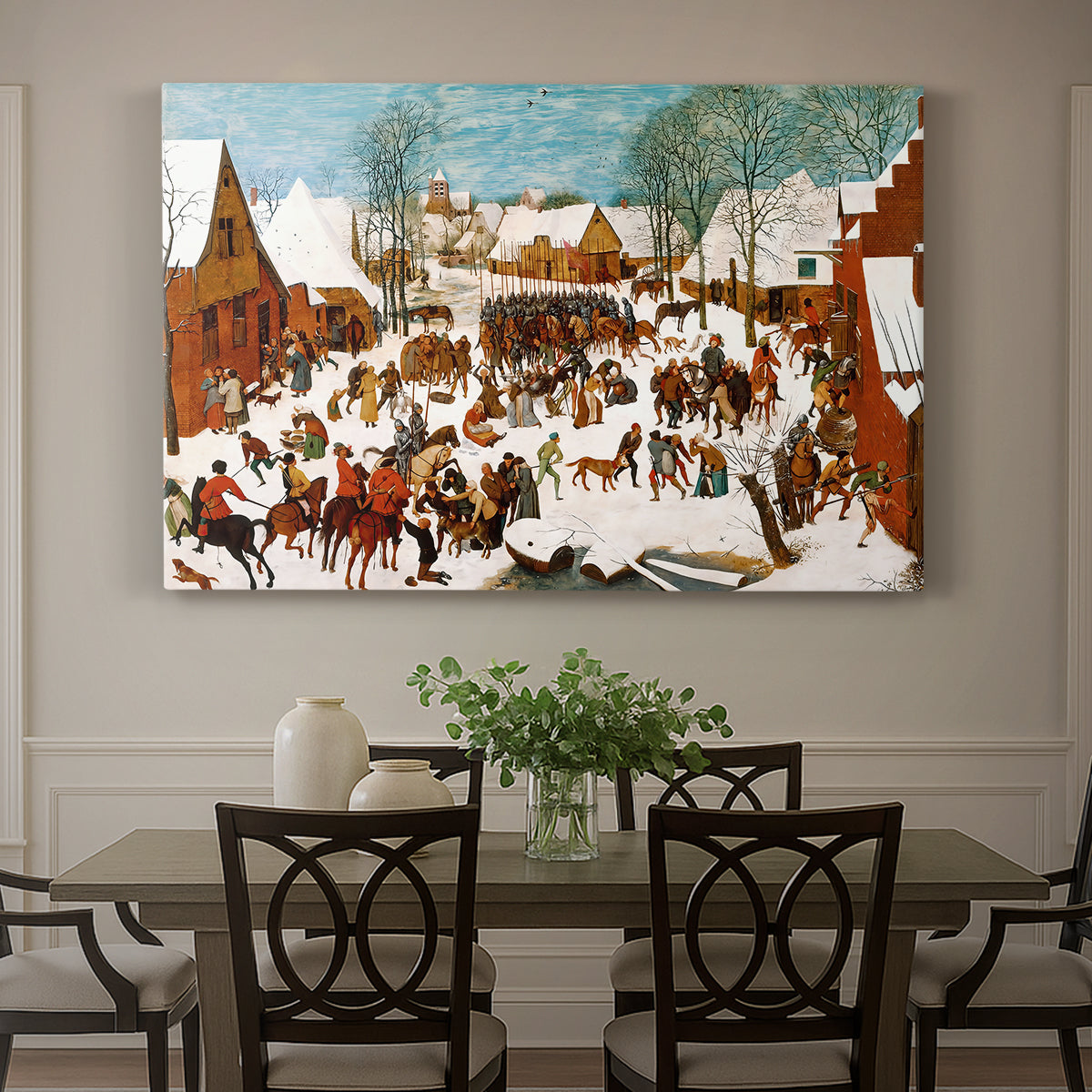 Canvas art print featuring a chaotic village scene with soldiers attacking civilians in winter setting, showcased as a statement wall artwork