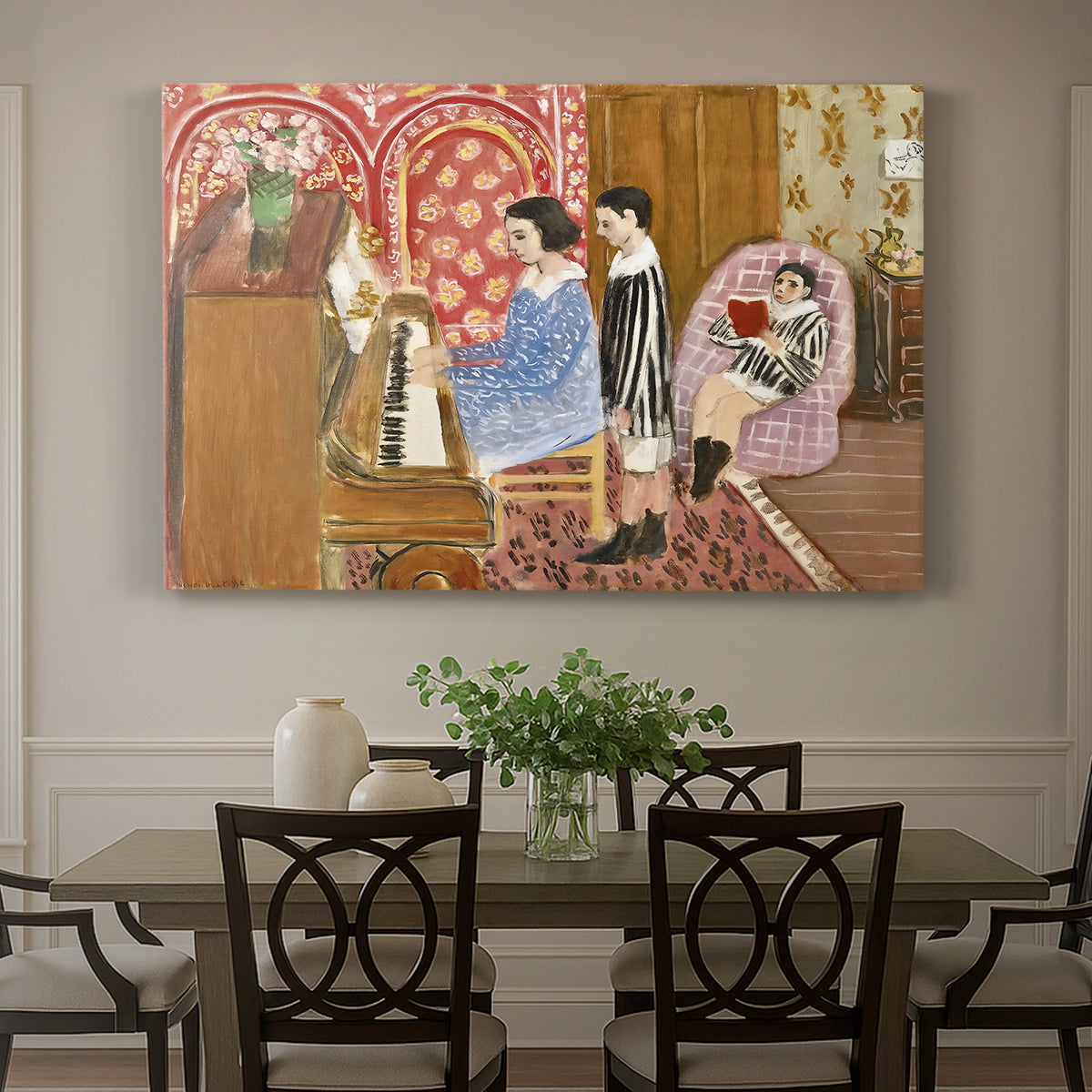 Canvas art print featuring an interior scene with figures around a piano, showcased as a statement wall artwork