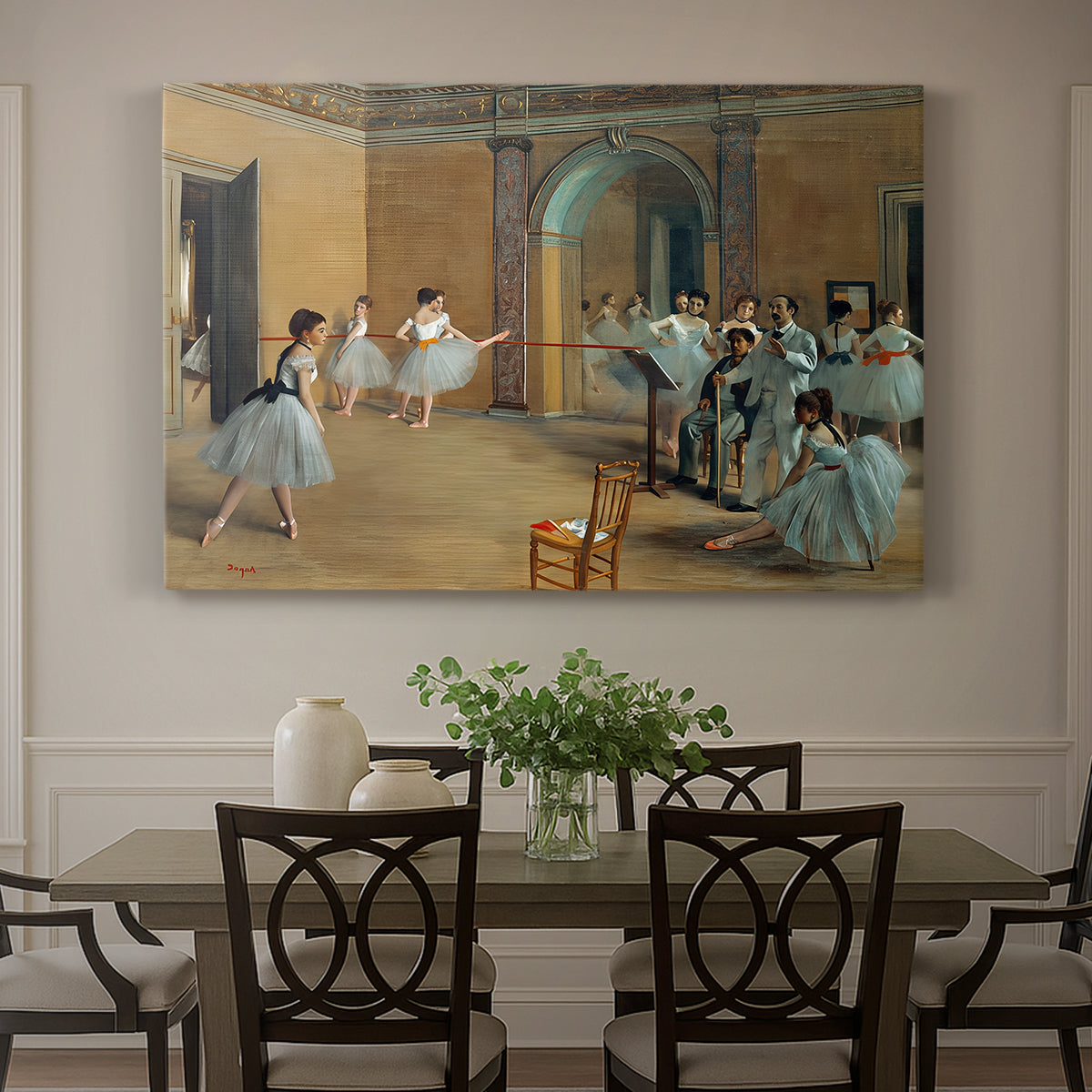 Canvas art print featuring ballet dancers gathered in rehearsal hall with mirrors and columns, showcased as a statement wall artwork