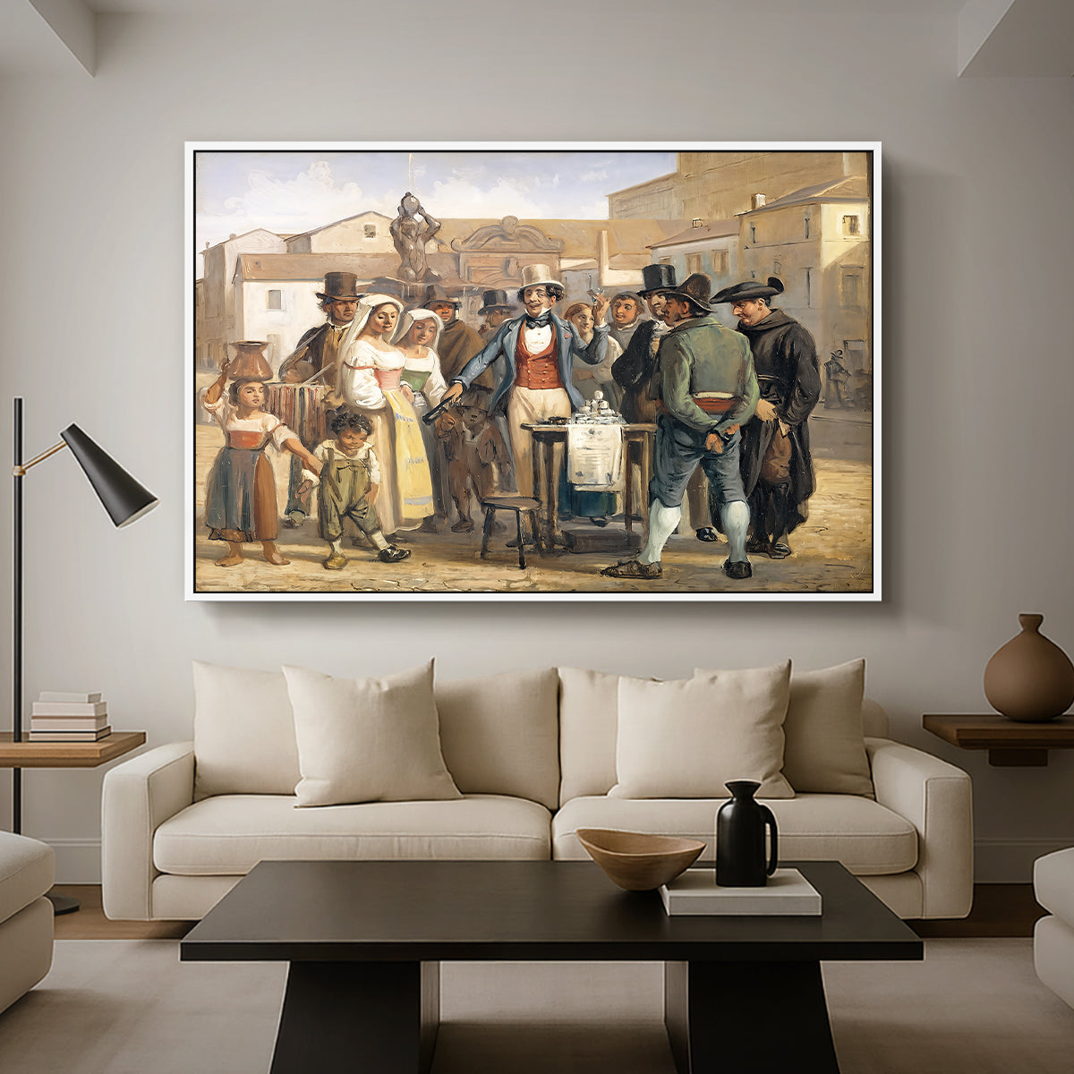 A Charlatan Selling Blacking in the Piazza Barberini in Rome, c. 1840-1849 - Floater Framed Canvas Print