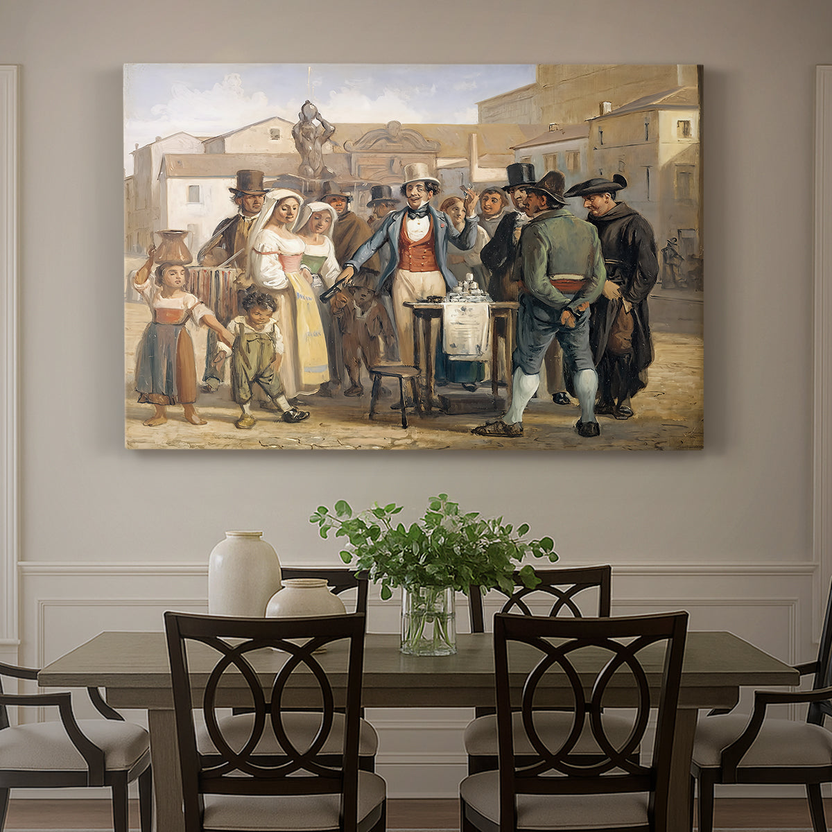 Canvas art print featuring a street scene with crowd gathered around vendor demonstrating product, showcased as a statement wall artwork