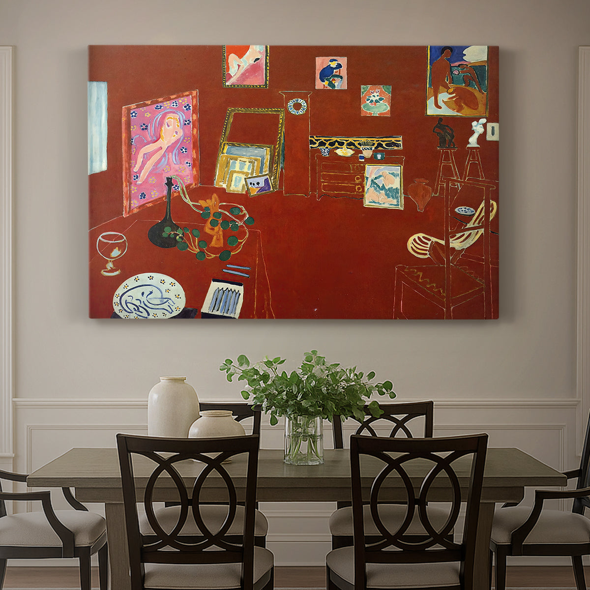 Canvas art print featuring a red studio interior with furniture and artworks, showcased as a statement wall artwork