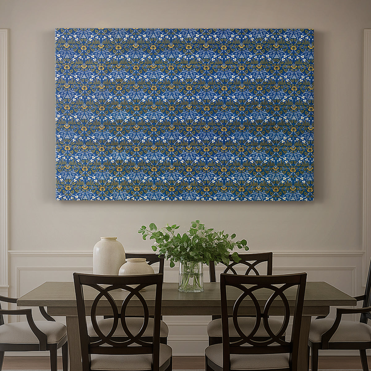 Canvas art print featuring a tightly packed repeating pattern of small flowers and leaves forming dense surface, showcased as a statement wall artwork