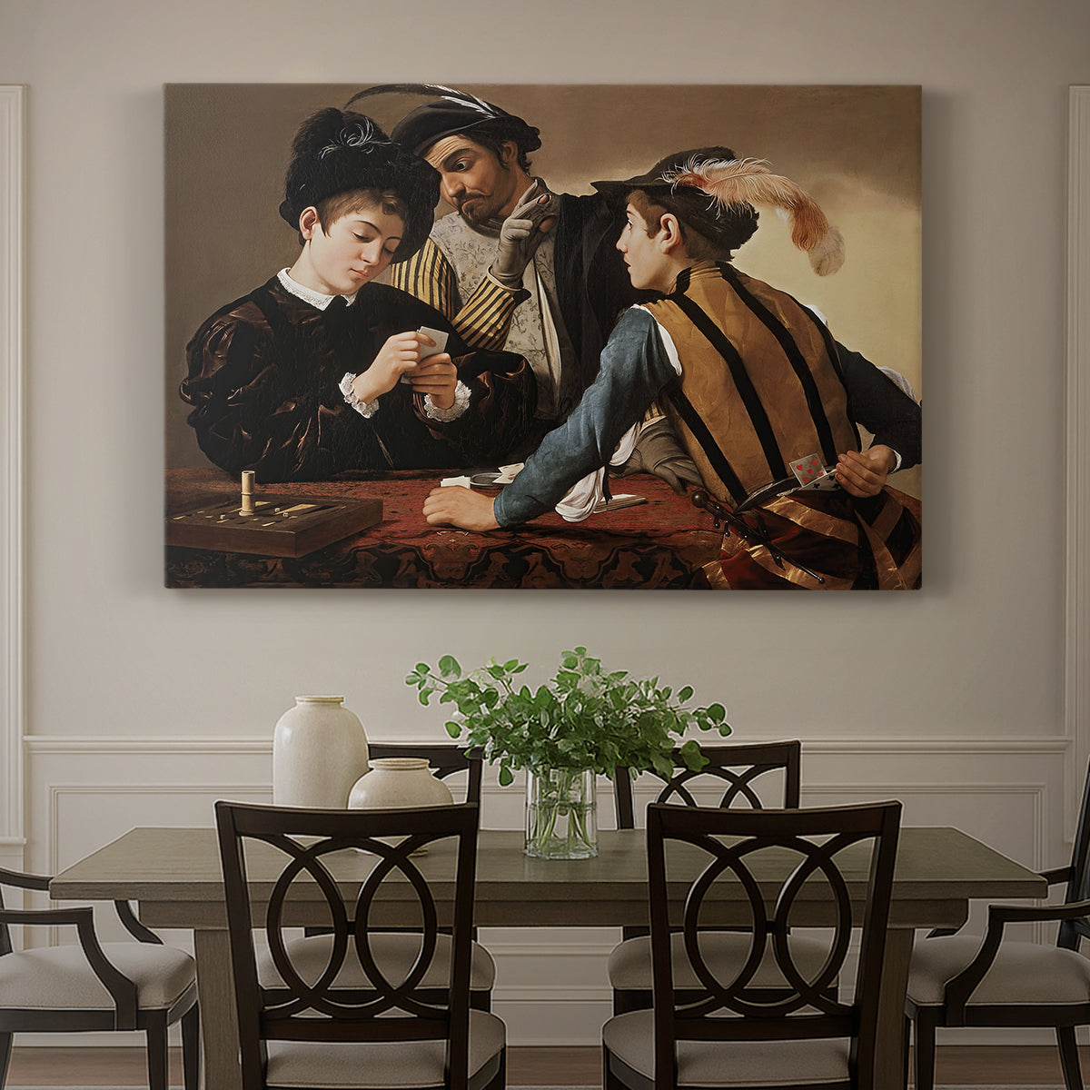 Canvas art print featuring two men cheating at cards while a third figure secretly observes behind them, showcased as a statement wall artwork