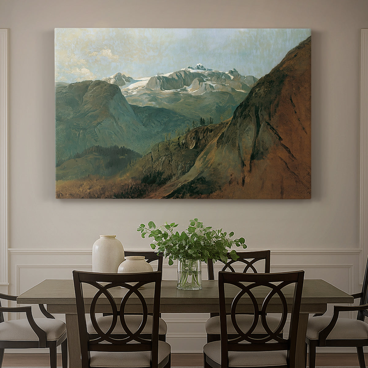 Canvas art print featuring dramatic mountain peaks in expansive landscape, showcased as a statement wall artwork