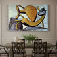 Canvas art print featuring an abstract cat interacting with large fish in simplified form, showcased as a statement wall artwork