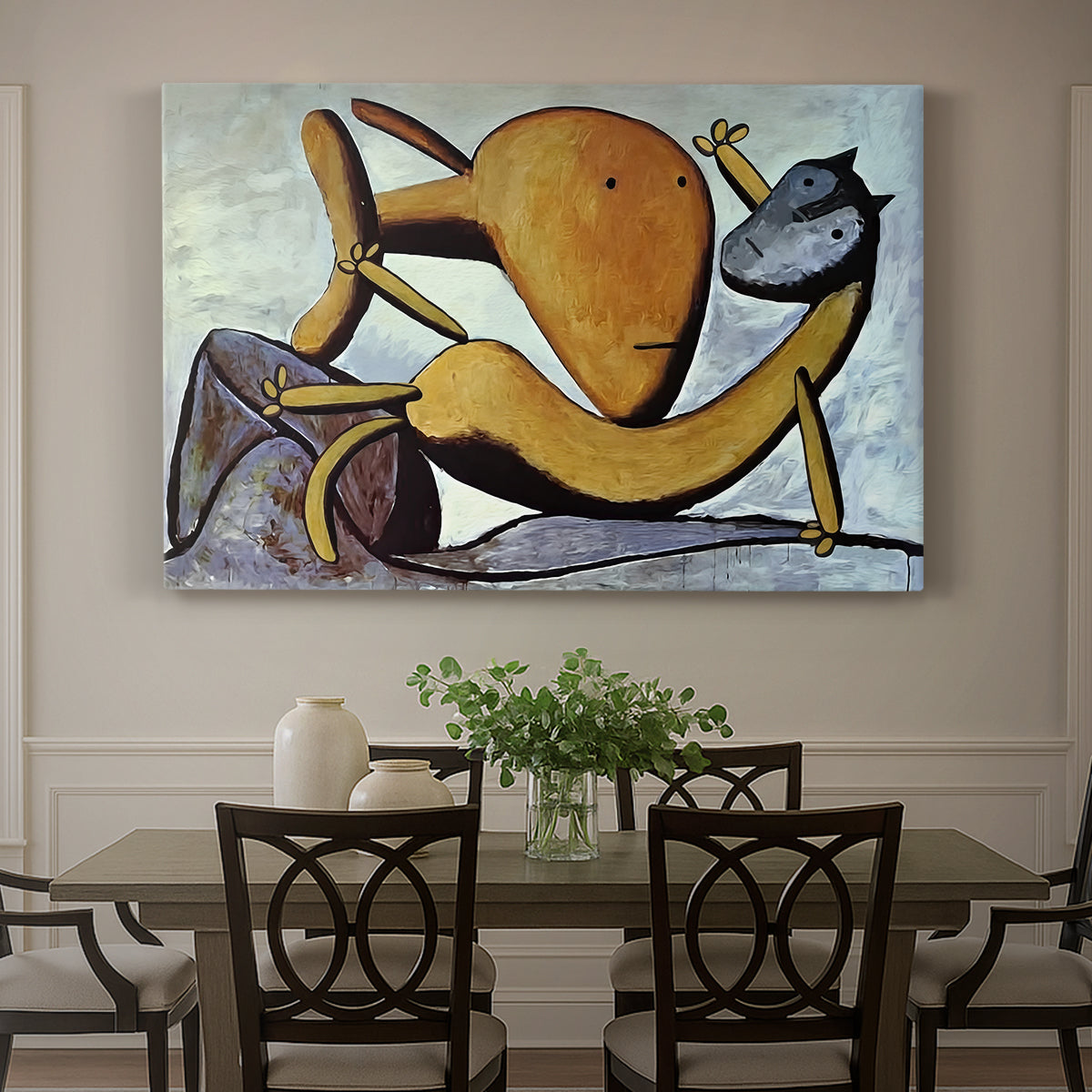 Canvas art print featuring an abstract cat interacting with large fish in simplified form, showcased as a statement wall artwork