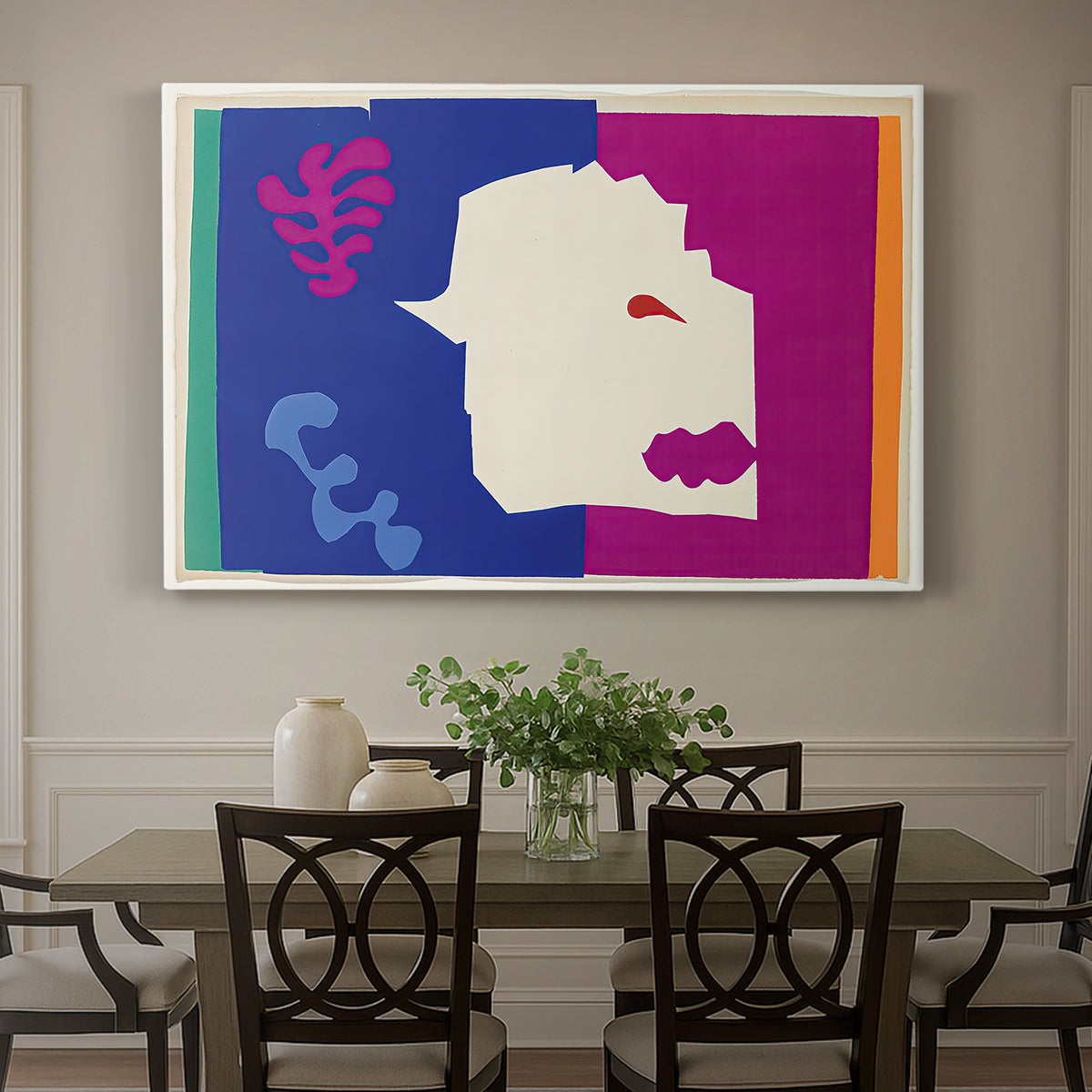 Canvas art print featuring an abstract cut-out suggesting a wolf, showcased as a statement wall artwork