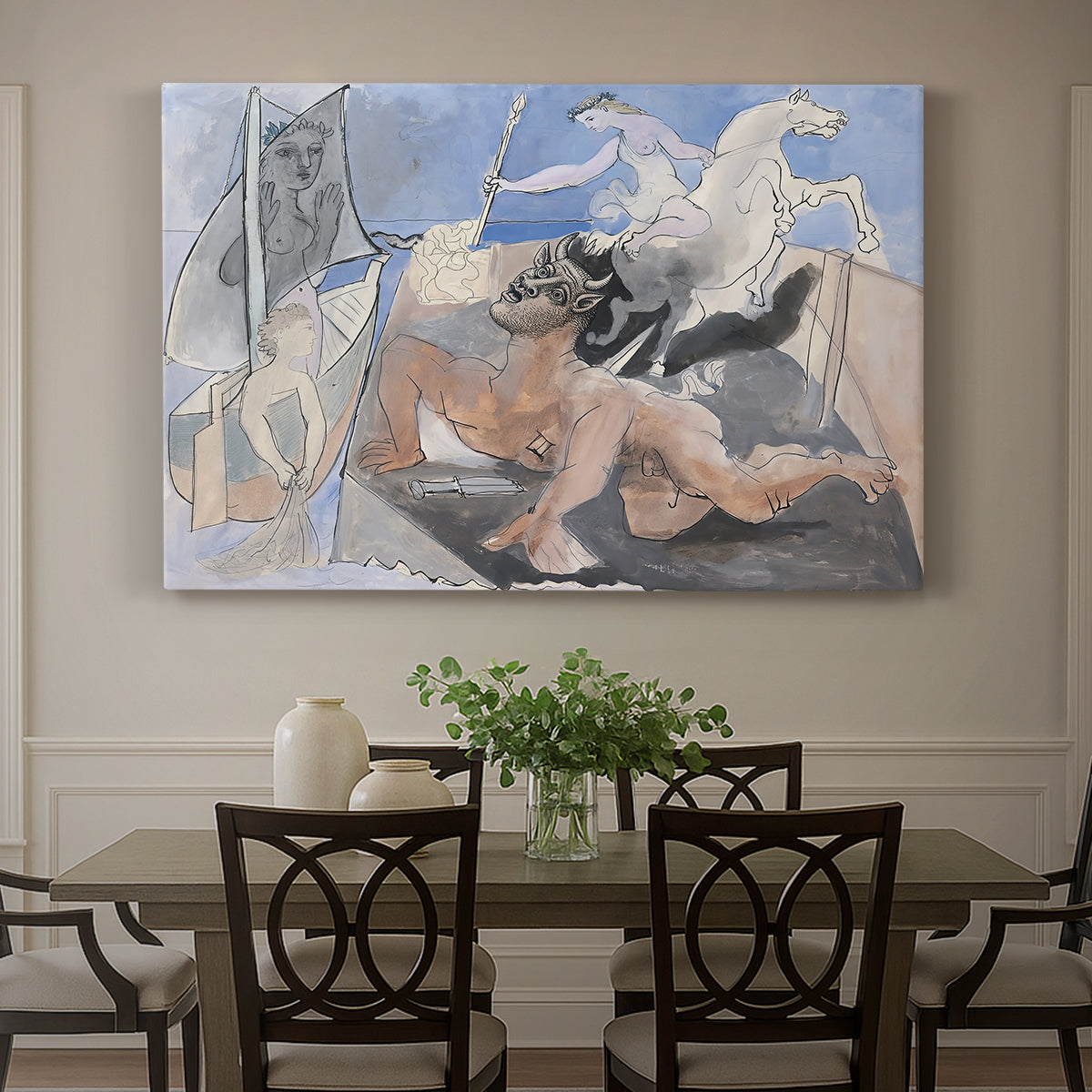 Canvas art print featuring a mythological minotaur in surreal sketch composition, showcased as a statement wall artwork