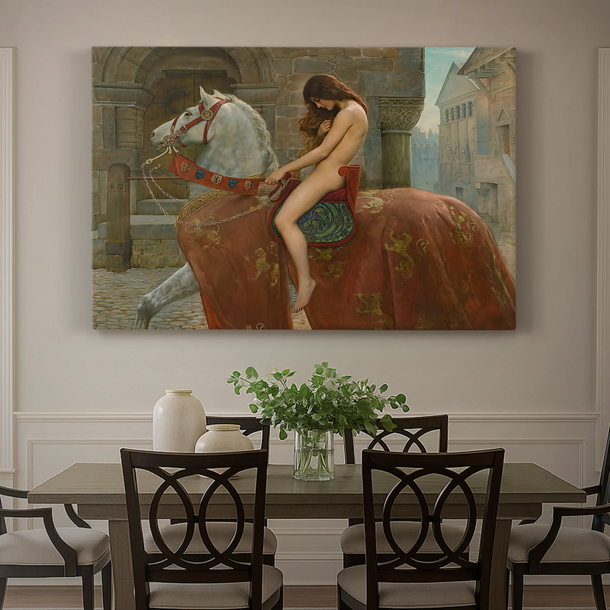 Canvas art print featuring a female figure riding horse through town, showcased as a statement wall artwork