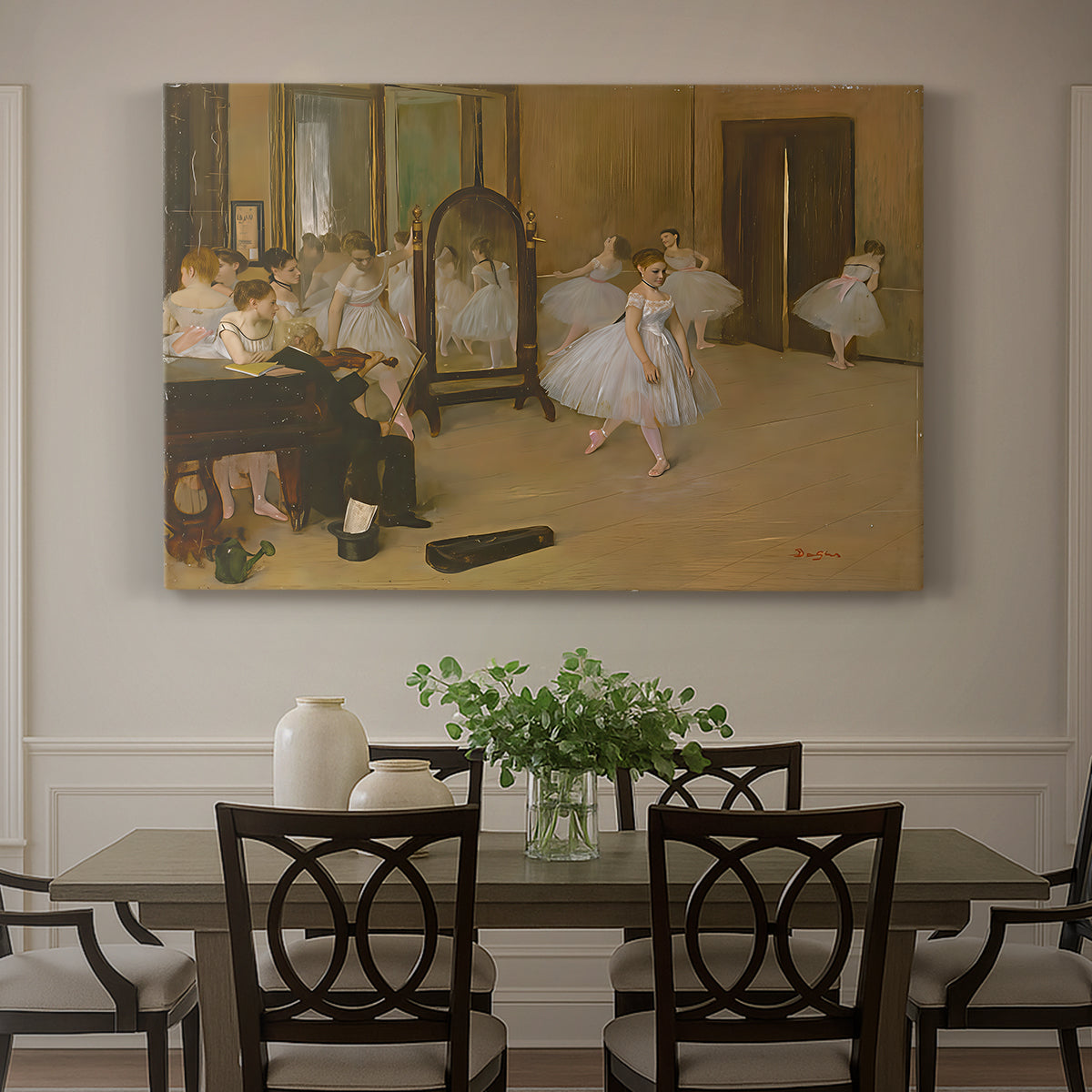 Canvas art print featuring a ballet class with dancers practicing positions under instructor guidance, showcased as a statement wall artwork