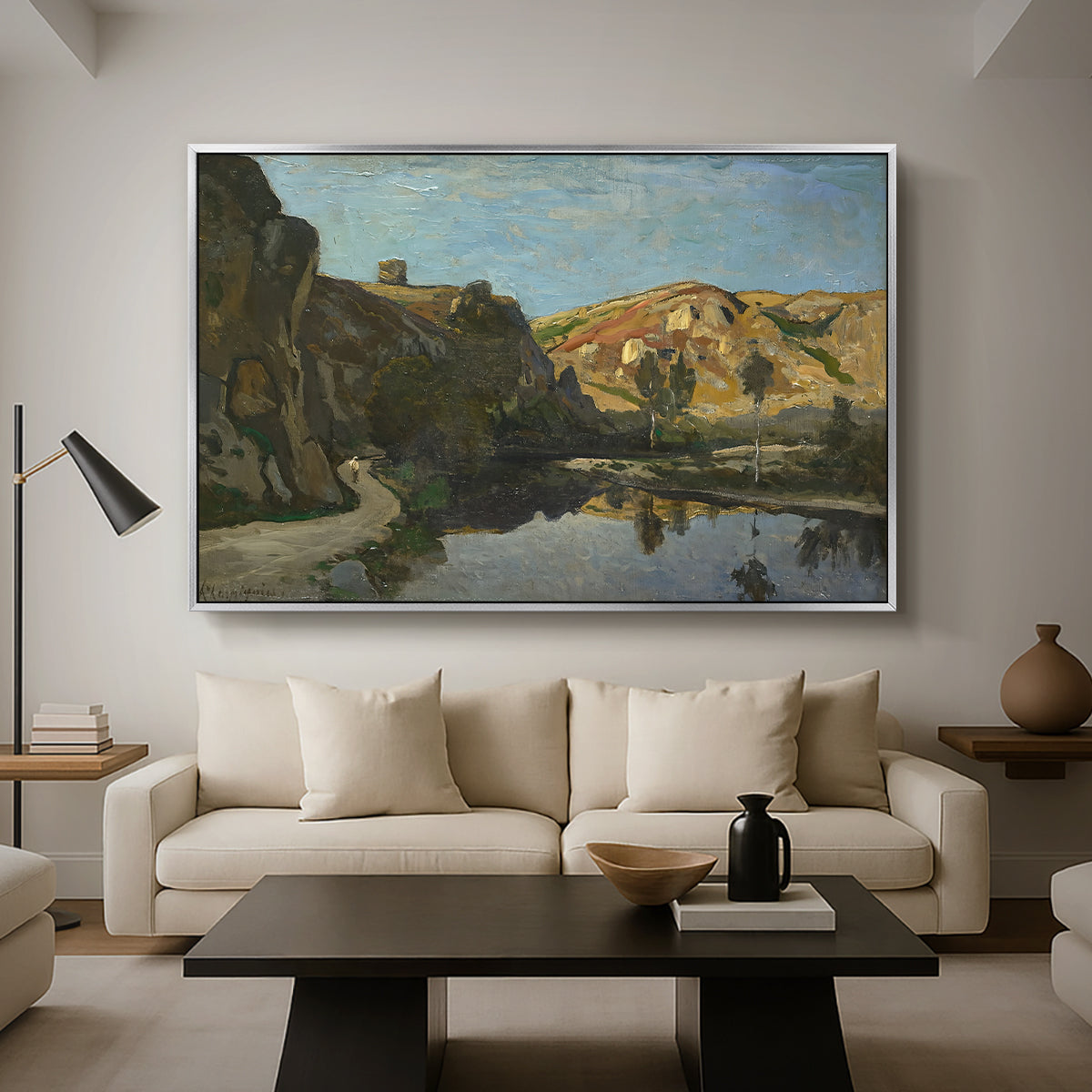 River Landscape with Cliffs, c. 1850-1860 - Floater Framed Canvas Print