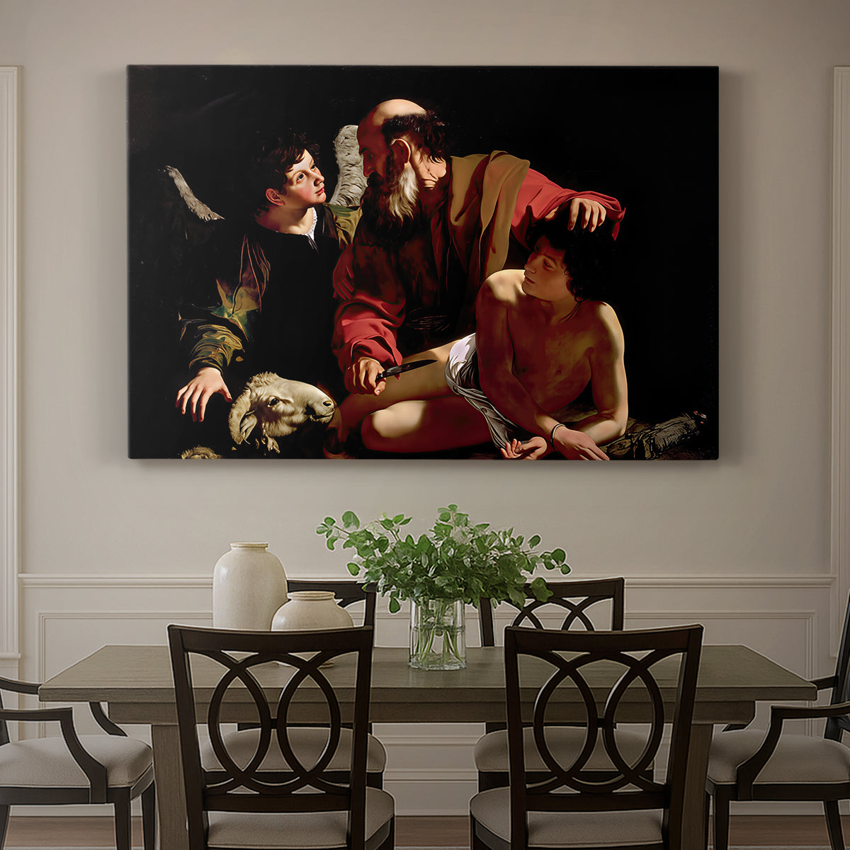 Canvas art print featuring Abraham holding Isaac while angel intervenes to stop the sacrifice, showcased as a statement wall artwork