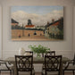 Canvas art print featuring a quiet suburban landscape with buildings, road, and open terrain, showcased as a statement wall artwork