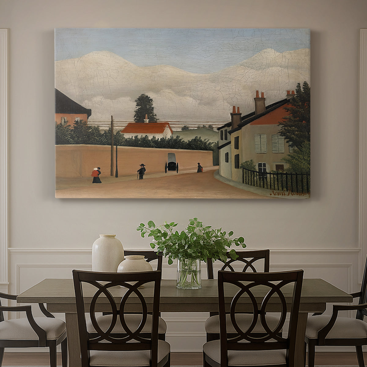 Canvas art print featuring a quiet suburban landscape with buildings, road, and open terrain, showcased as a statement wall artwork