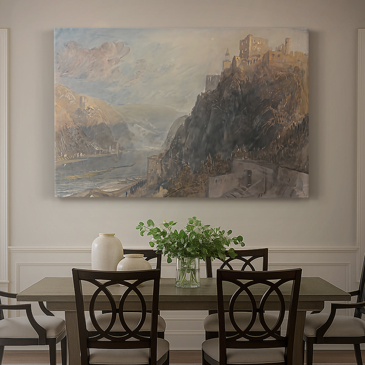 Canvas art print featuring a river landscape with castles along steep terrain, showcased as a statement wall artwork