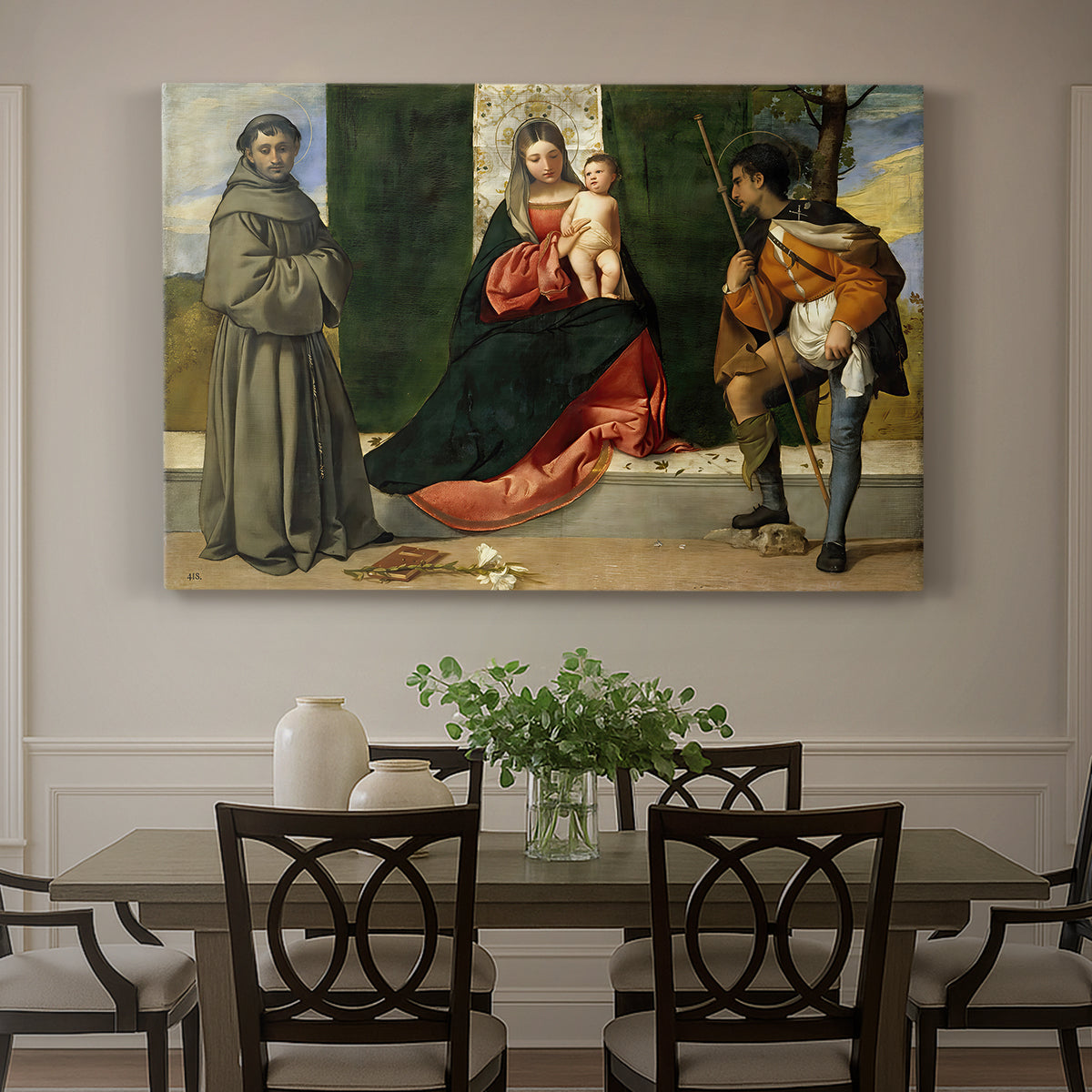 Canvas art print featuring Madonna and child seated with two saints in architectural devotional scene, showcased as a statement wall artwork