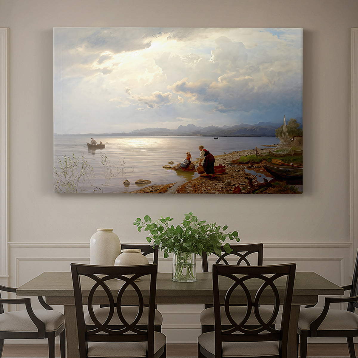 Canvas art print featuring figures gathered along shoreline with wide lake and distant horizon, showcased as a statement wall artwork