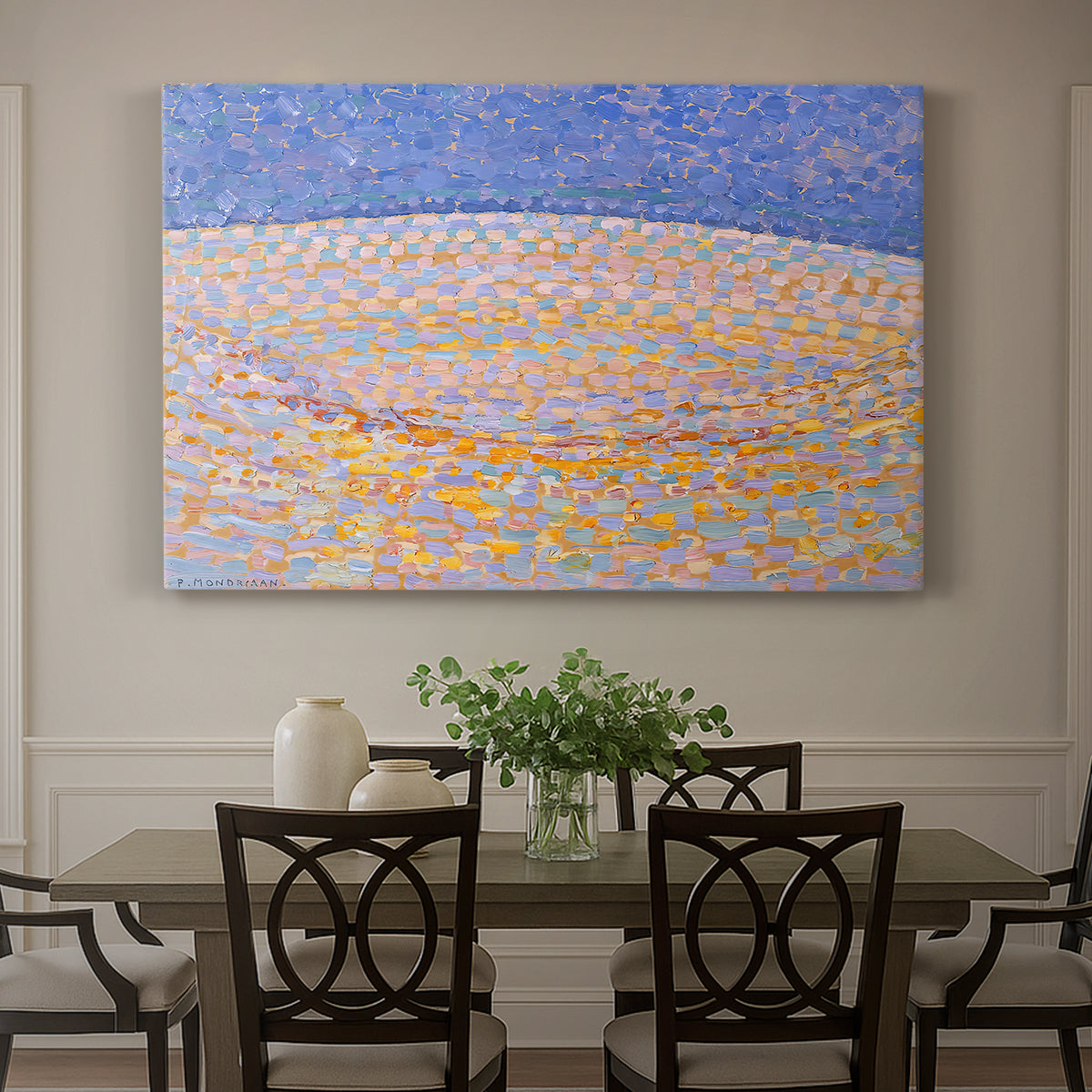 Canvas art print featuring an abstract dune landscape with dotted texture, showcased as a statement wall artwork