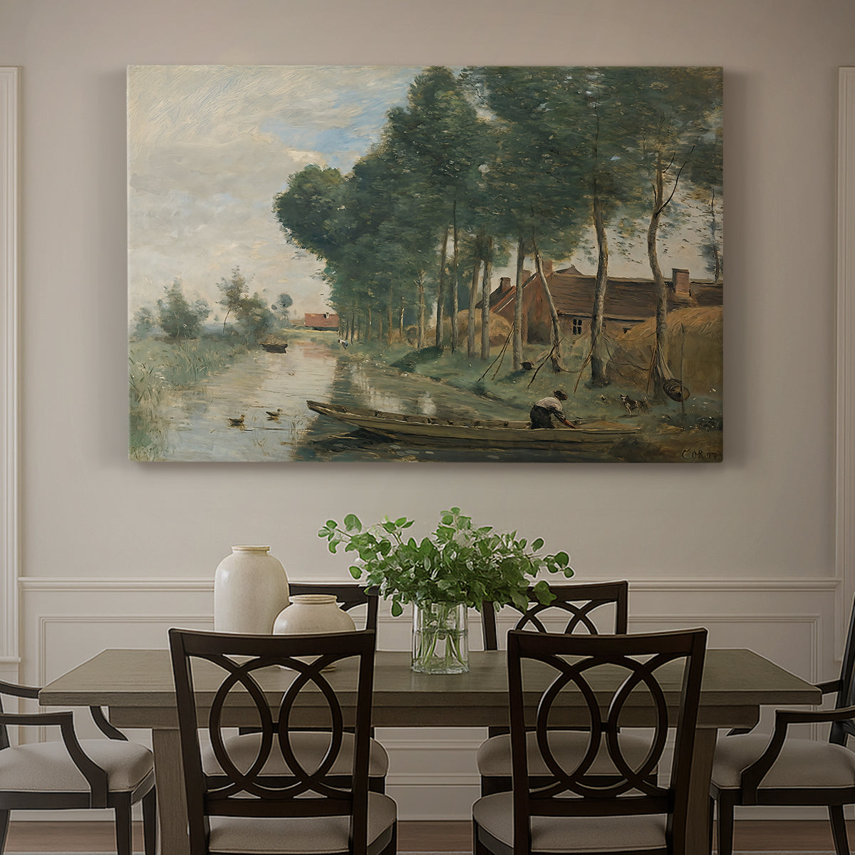 Canvas art print featuring a quiet rural landscape with trees and open terrain under muted sky, showcased as a statement wall artwork