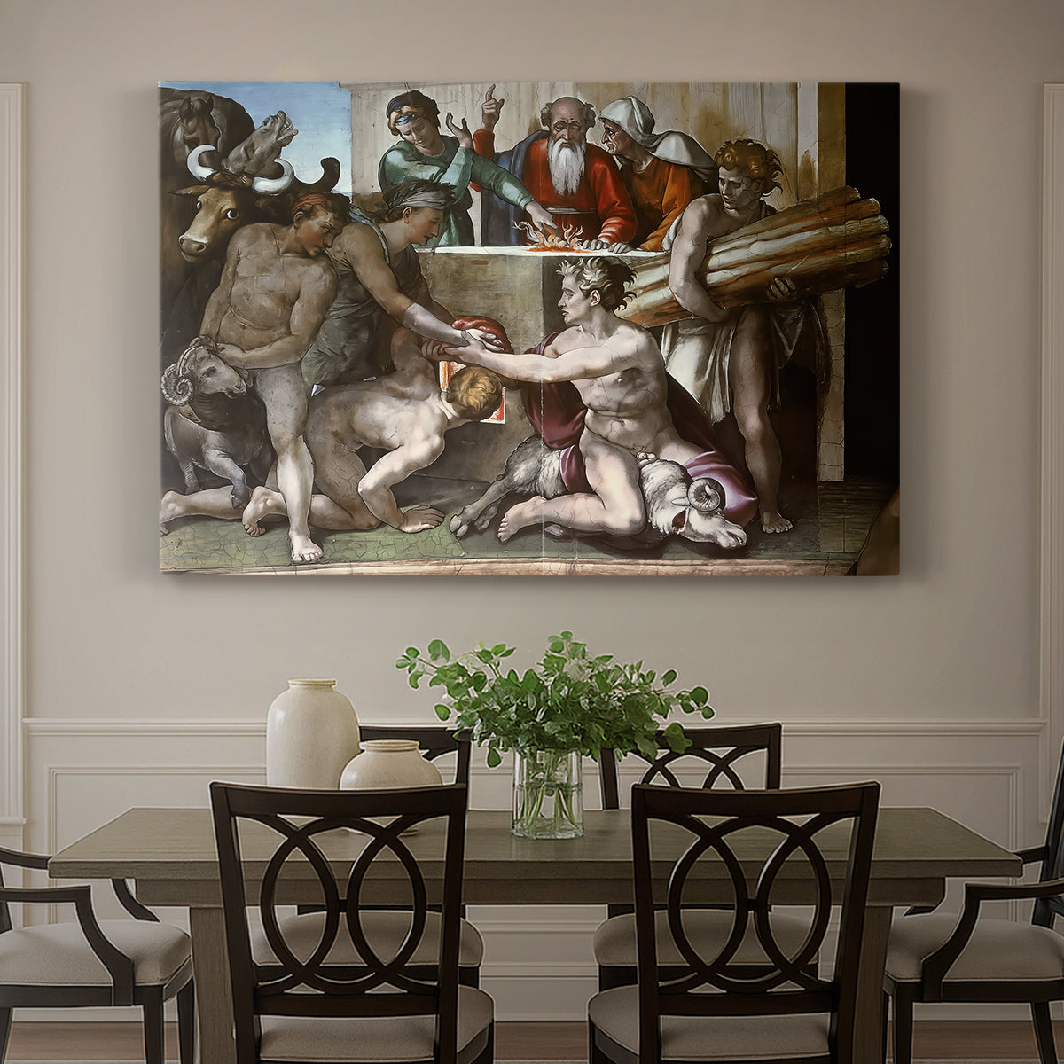 Canvas art print featuring a group of figures around altar performing sacrificial ritual, showcased as a statement wall artwork