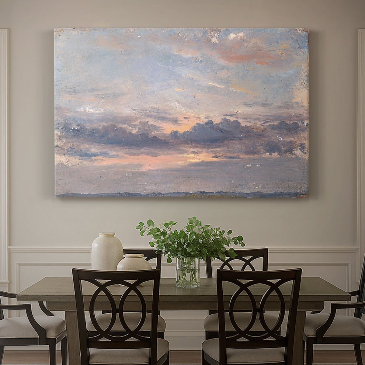 Canvas art print featuring a sky filled with warm sunset clouds over low horizon, showcased as a statement wall artwork