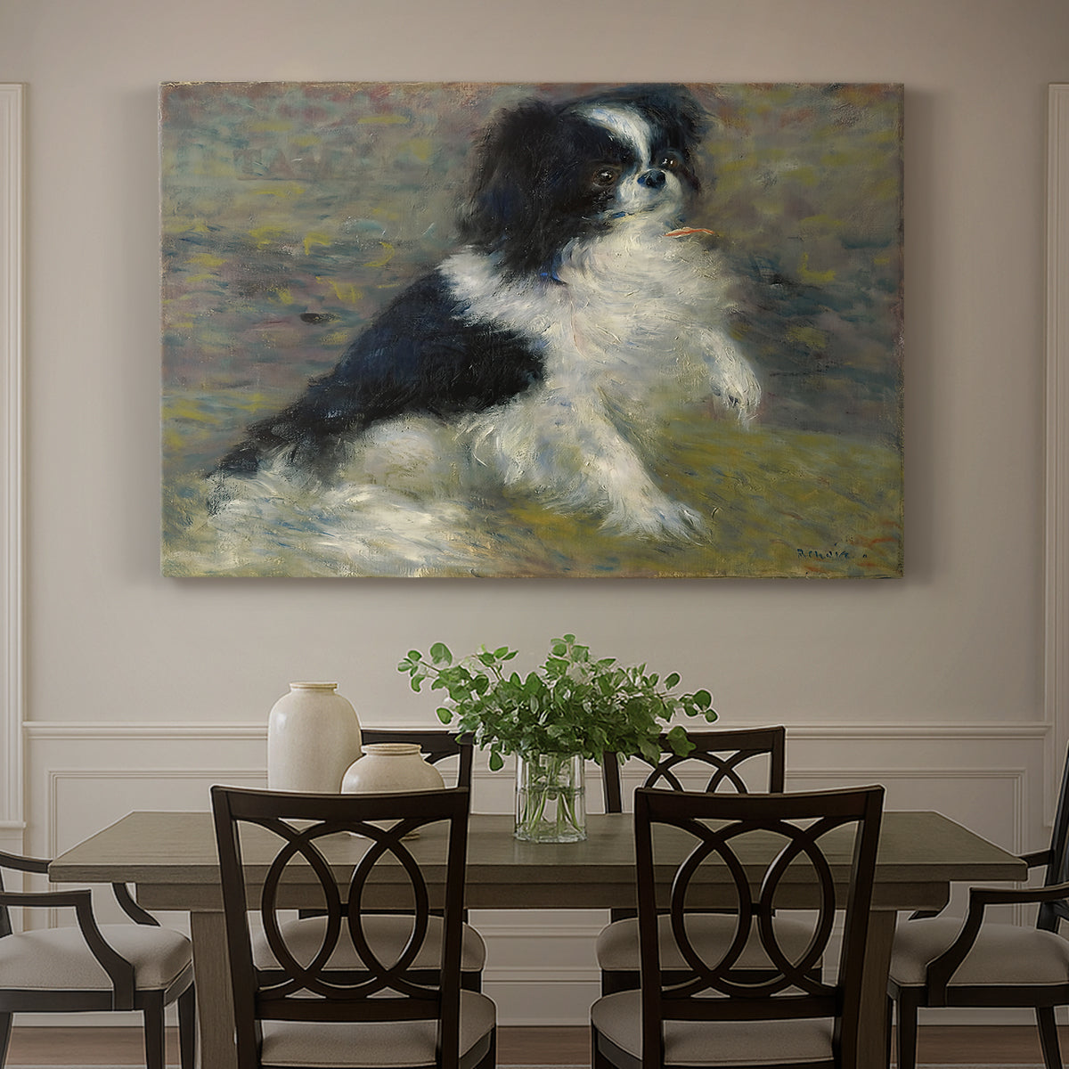 Canvas art print featuring a small black and white dog standing in shallow water with soft brushstrokes, showcased as a statement wall artwork