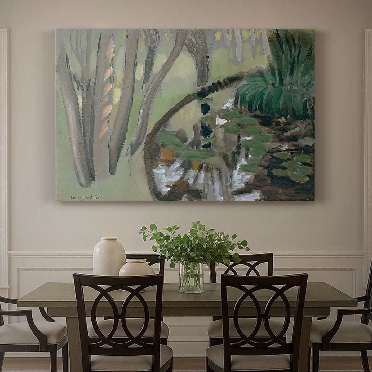 Canvas art print featuring a stream flowing through green landscape, showcased as a statement wall artwork