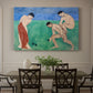Canvas art print featuring figures playing bowls outdoors in a simplified colorful landscape, showcased as a statement wall artwork