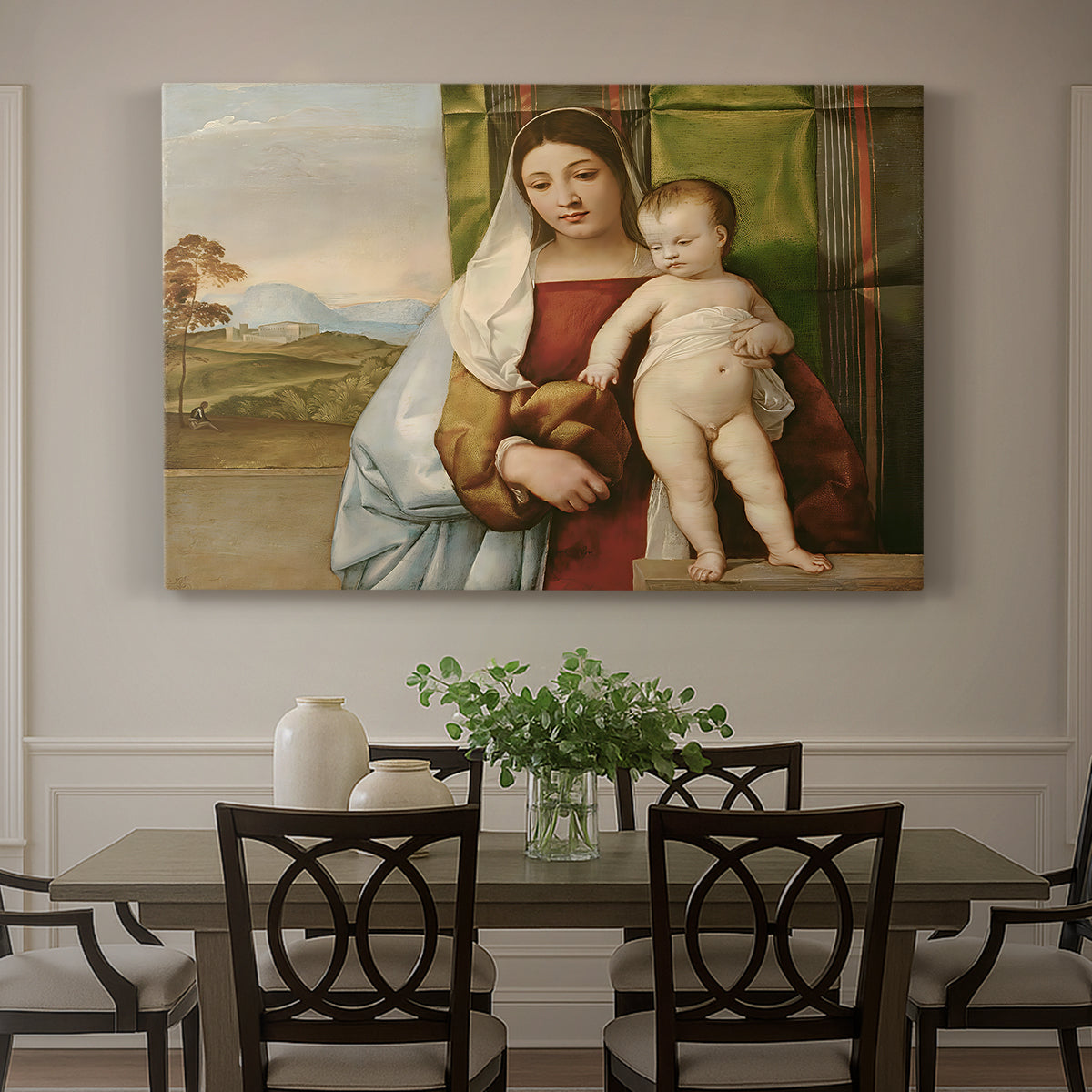 Canvas art print featuring Madonna seated outdoors holding child beside dark tree and open sky, showcased as a statement wall artwork