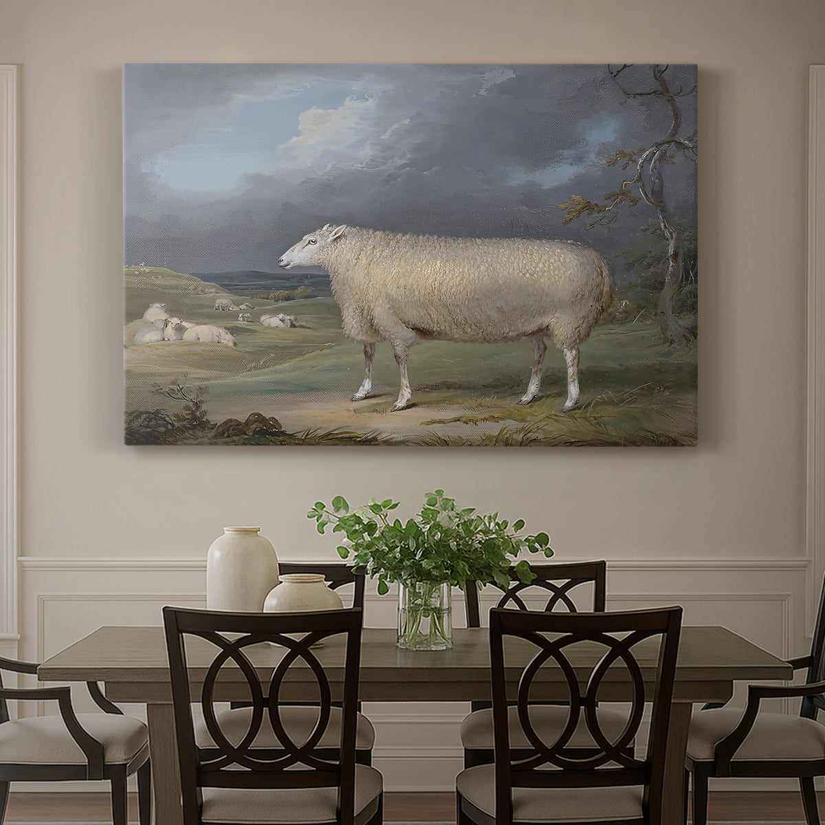 Canvas art print featuring a single sheep standing in open pasture under soft sky, showcased as a statement wall artwork