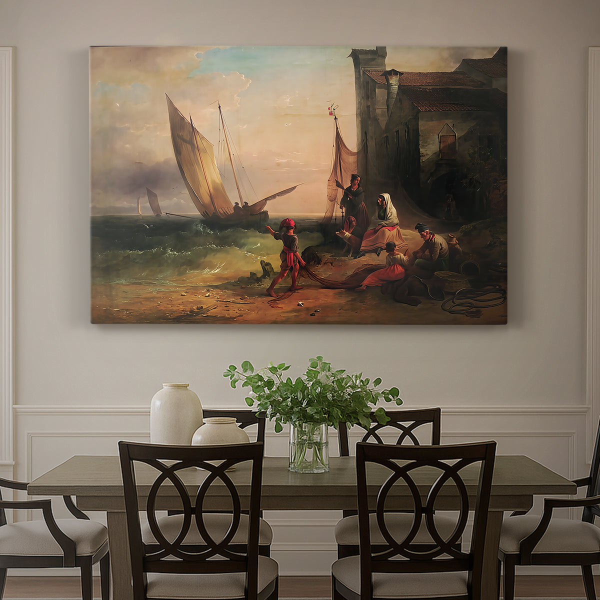 Canvas art print featuring a family gathered near boats and water, showcased as a statement wall artwork