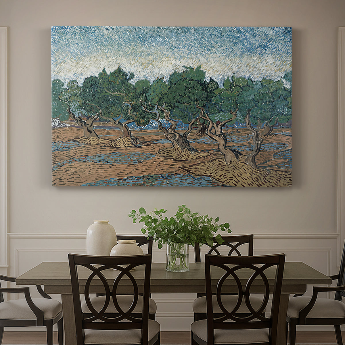 Canvas art print featuring twisting olive trees set within rolling landscape under vibrant sky, showcased as a statement wall artwork