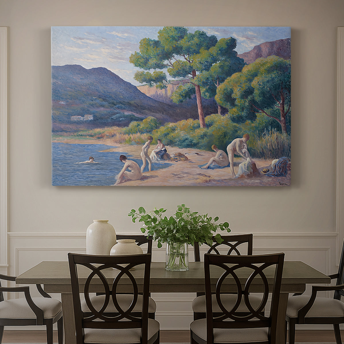 Canvas art print featuring figures bathing along shoreline in bright coastal landscape, showcased as a statement wall artwork