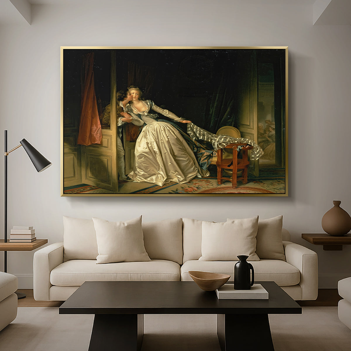 The Stolen Kiss (Le Baiser à la dérobée), c. 1788 - Floater Framed Canvas Print