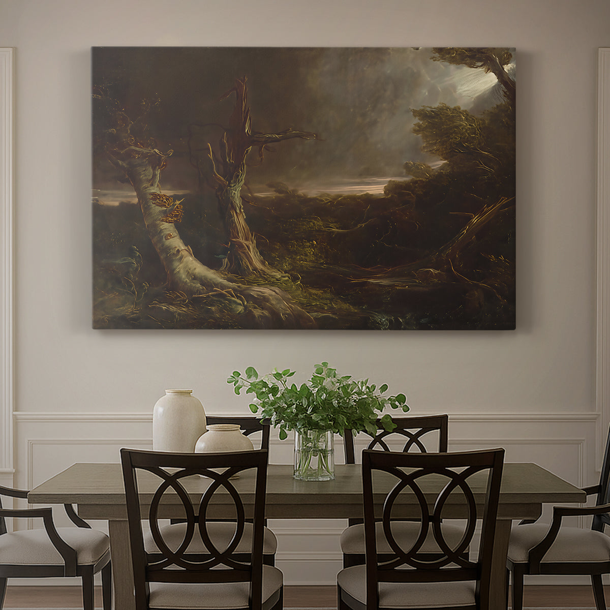 Canvas art print featuring a swirling tornado cutting through forest landscape with dark storm clouds, showcased as a statement wall artwork