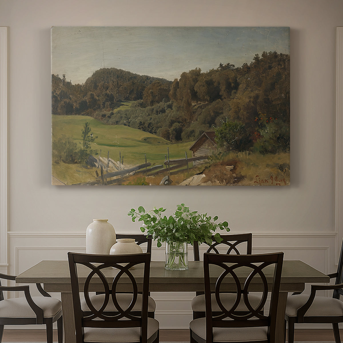 Canvas art print featuring a rolling landscape with fields, trees, and distant water under open sky, showcased as a statement wall artwork