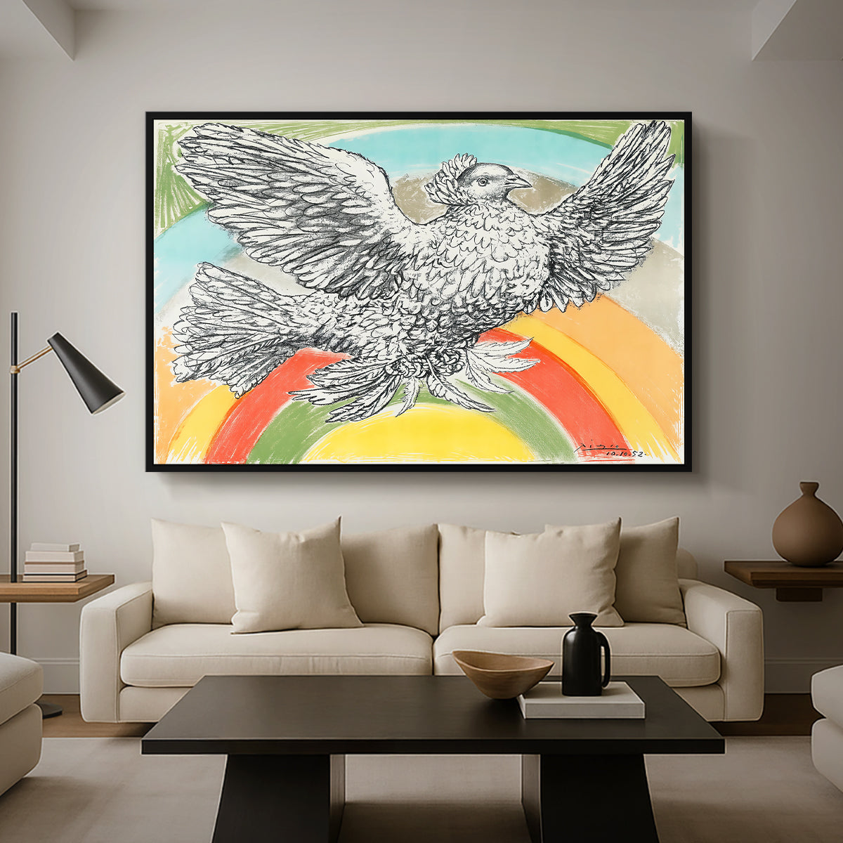 Flying Dove with Rainbow (Colombe volant à l'Arc-en-ciel), 1952 - Floater Framed Canvas Print