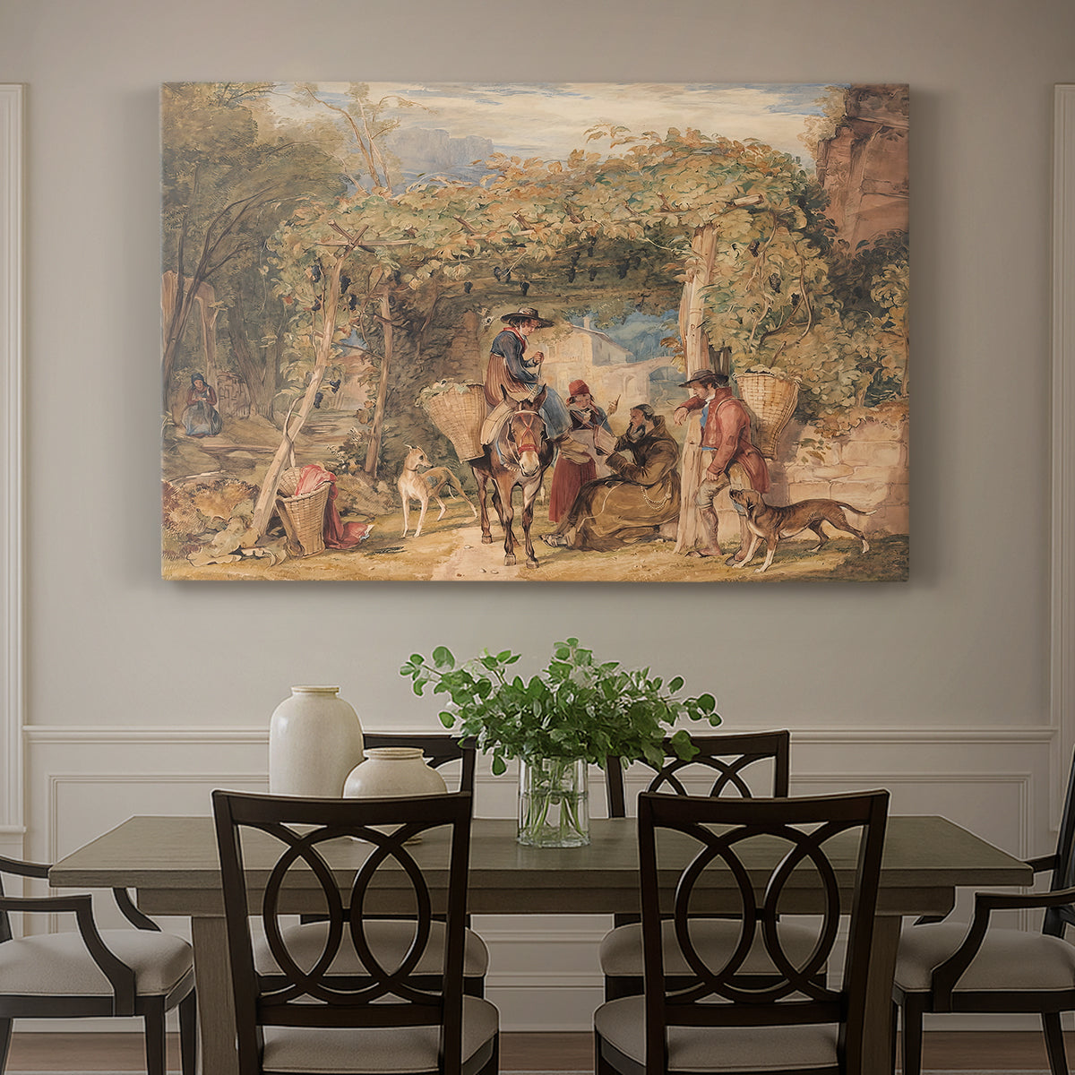 Canvas art print featuring figures working among animals in vineyard landscape, showcased as a statement wall artwork