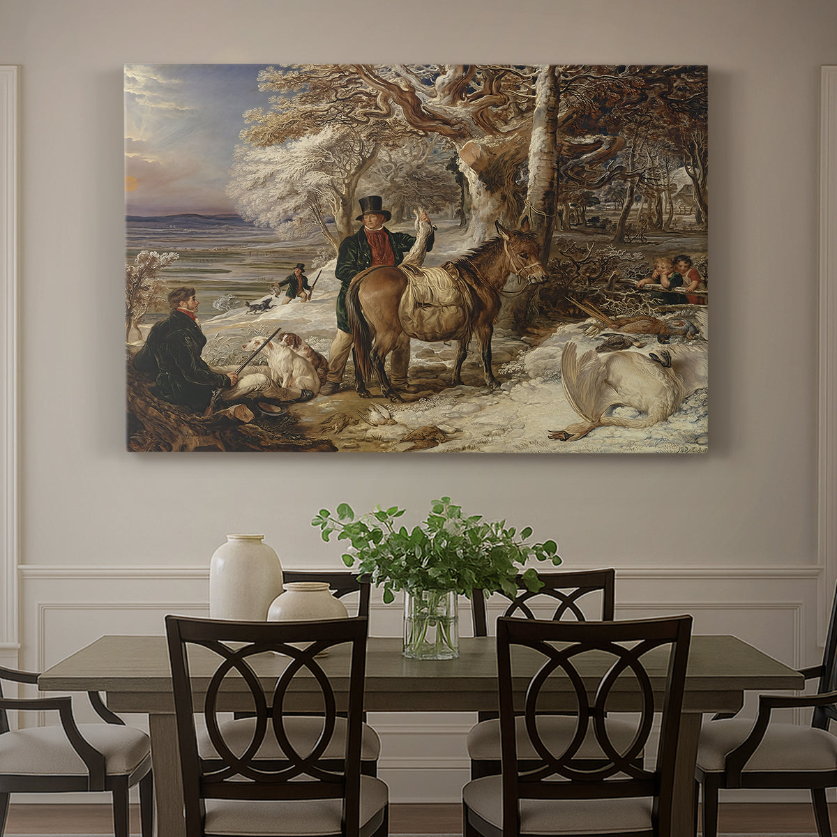Canvas art print featuring a group of hunters and dogs gathered after hunt in countryside, showcased as a statement wall artwork
