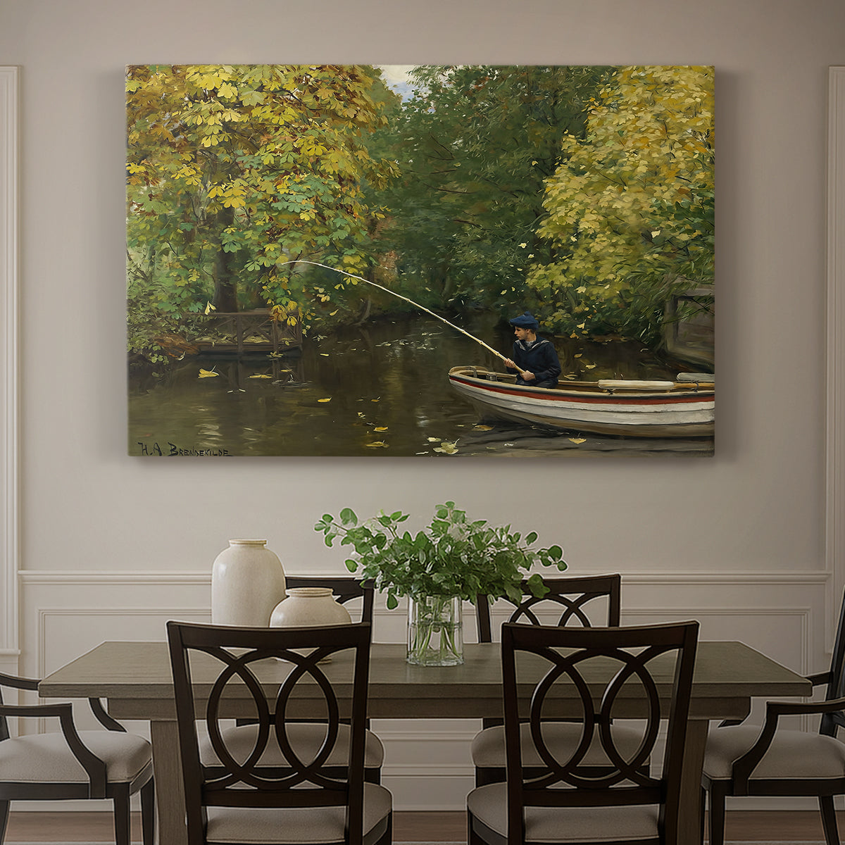 Canvas art print featuring a young boy fishing beside calm water surrounded by greenery, showcased as a statement wall artwork