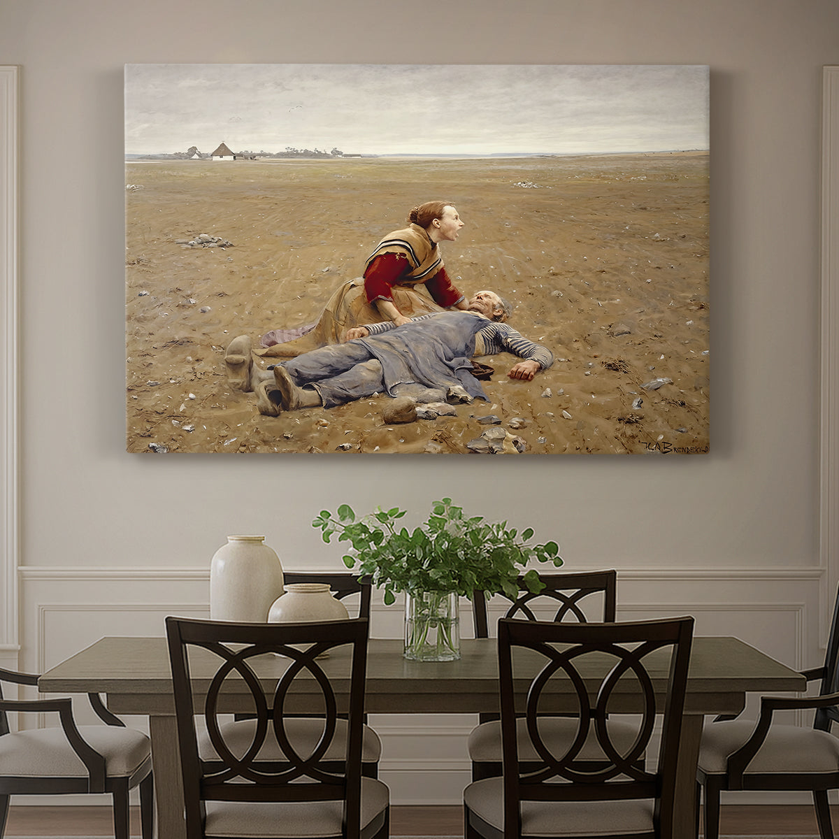 Canvas art print featuring an exhausted figure resting on ground in open rural landscape, showcased as a statement wall artwork